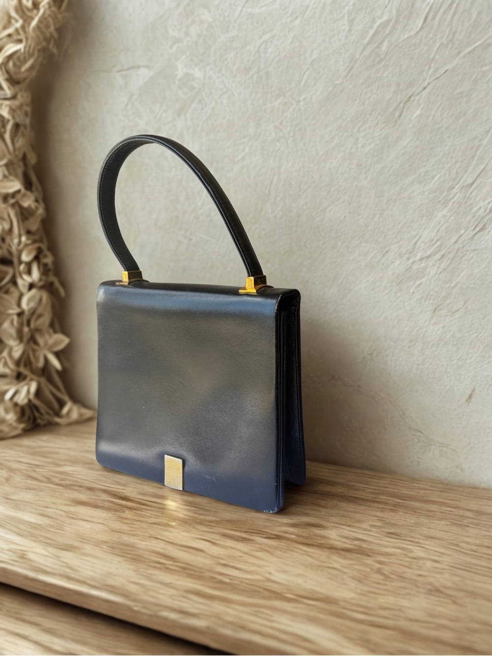 Koret Black Leather Mini Top-Handle Bag with Gold Accents - Mid-Century Vintage